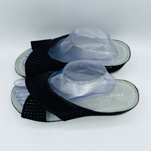 David Tate Shoes Womens 10 WW Wide Black Suede Leather Laser Cut Wedge Sandals - Picture 6 of 12